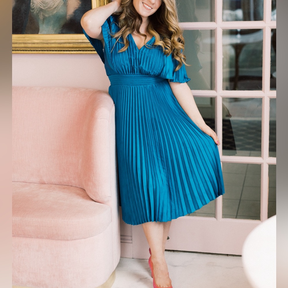 Teal pleated midi dress
